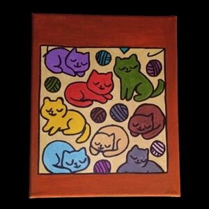 Handpainted Colorful Cats And Yarn Acrylic Painting Canvas Art Wall Decor 8x10"